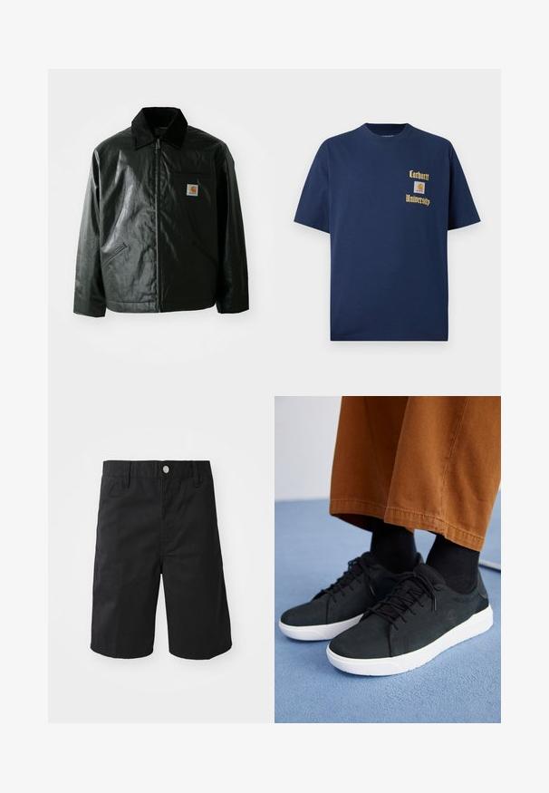 Svart zip-up jacka gjord av slätt, glänsande material. Har en manchesterkrage, två framfickor och en liten logotyp på bröstet.; Marinblå bomull t-shirt med korta ärmar, med guldtexten "Carhartt University" och en logopatch på vänster bröst.; Svarta bomullsshorts med rak skärning, bältesloophål, metallknappstängning och utan synliga mönster eller dekorationer.; Svarta mockaskor med vita gummisålar, med snörning, texturerade detaljer och subtil branding, kombinerade med bruna byxor.