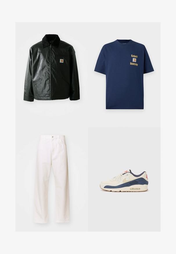 Casaco preto com fecho éclair, feito de material liso e brilhante. Apresenta um colarinho de veludo, dois bolsos frontais e um pequeno emblema no peito.; T-shirt de algodão azul-marinho com mangas curtas, apresentando texto dourado "Carhartt University" e um emblema no lado esquerdo do peito.; Calças largas de algodão brancas com fecho de botão, apresentando passantes para cinto e dois bolsos frontais. Textura suave, design clássico e corte reto.; Tênis com parte superior em couro creme e camurça azul-marinho, apresentando uma sola de ar visível, solado em borracha bege e um detalhe vermelho no calcanhar.