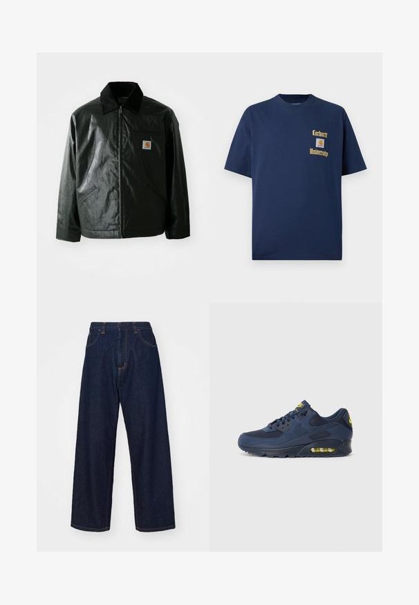 Chaqueta negra con cremallera hecha de un material liso y brillante. Presenta un cuello de pana, dos bolsillos frontales y un pequeño parche con el logo en el pecho.; Camiseta de algodón azul marino de manga corta, con texto dorado "Carhartt University" y un parche de logo en el lado izquierdo del pecho.; Pantalones de mezclilla anchos en azul oscuro con costuras naranjas, cinco bolsillos y cierre de cremallera, que cuentan con un ajuste relajado y una textura suave.; Zapatillas Nike Air Max en color azul marino, con parte superior de ante y malla, que presentan acentos amarillos, cordones en la parte frontal y amortiguación de aire visible en la suela.