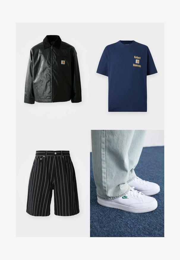 Casaco preto com fecho éclair, feito de material liso e brilhante. Apresenta um colarinho de veludo, dois bolsos frontais e um pequeno emblema no peito.; T-shirt de algodão azul-marinho com mangas curtas, apresentando texto dourado "Carhartt University" e um emblema no lado esquerdo do peito.; Calções pretos riscado em algodão, com riscas verticais brancas contrastantes, fecho de botão e bolsos frontais.; Tênis de couro brancos com logo verde da Nike, bico redondo, sola plana, combinados com calças de denim azul claro, exibidos sobre um tapete azul.