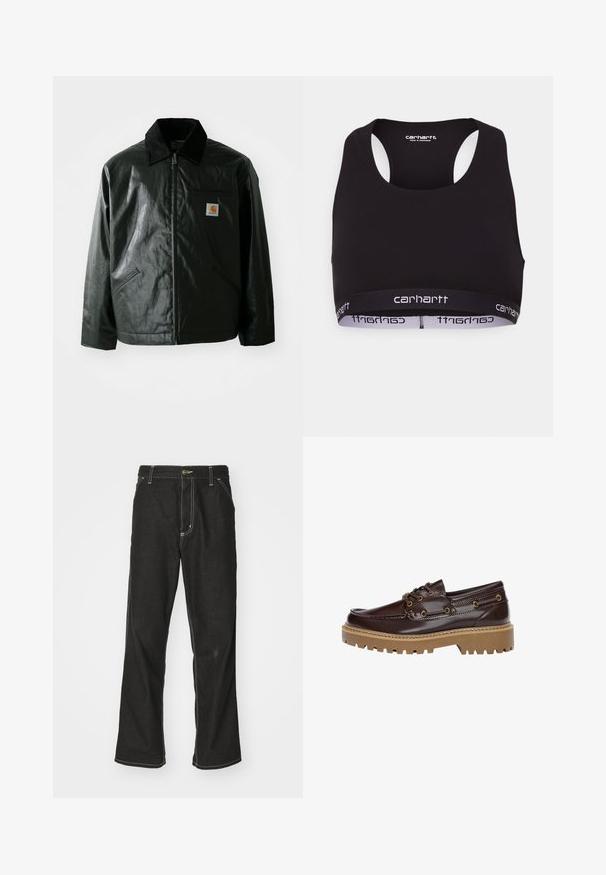 Mustat vetoketjulliset takit, jotka on valmistettu sileästä, kiiltävästä materiaalista. Sisältää kangastakin kauluksen, kaksi etutaskua ja pienen logopatchin rinnassa.; Musta urheiluliivi, jossa on pyöreä pääntie ja urheilusatula-mallinen selkäosa. Varustettu vahvistetulla vyötäröllä, jossa on valkoinen "carhartt"-brändäys. Pehmeä kangas.; Mustat farkut, joissa on löysä istuvuus, erottuva valkoinen ompelu, nappikiinnitys ja suora lahje.; Ruskeat nahkaiset veneilykengät, joissa on maalaistunnelmaa luova pinta, kultaiset yksityiskohdat, paksu vaalea kumipohja ja klassinen nauhakiinnitys.
