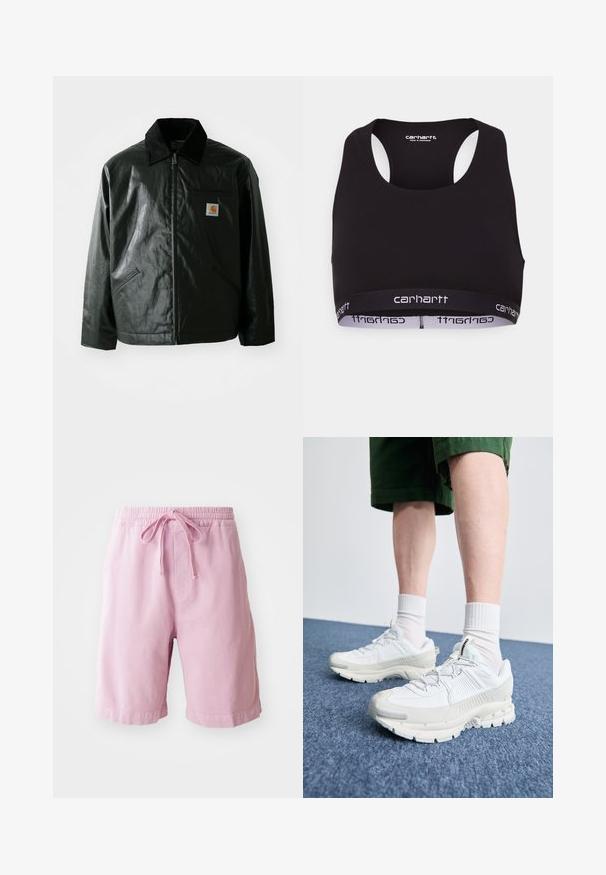 Schwarze Zip-Jacke aus glattem, glänzendem Material. Verfügt über einen Cordkragen, zwei Fronttaschen und ein kleines Logo-Patch auf der Brust.; Schwarzer Sport-BH mit rundem Ausschnitt und Racing-Rücken-Design. Verfügt über einen verstärkten Bund mit weißem "Carhartt"-Branding. Weicher Stoff.; Helle rosa Shorts aus Baumwolle, mit einem elastischen Bund und Kordelzug, sowie gerade geschnittenen Beinen mit genähten Saumdetails.; Weiße Sportschuhe mit strukturierten Überzügen, einer dicken Sohle und grauen Akzenten. Tragen mit weißen Crew-Socken und grünen Shorts auf einer blauen Oberfläche.