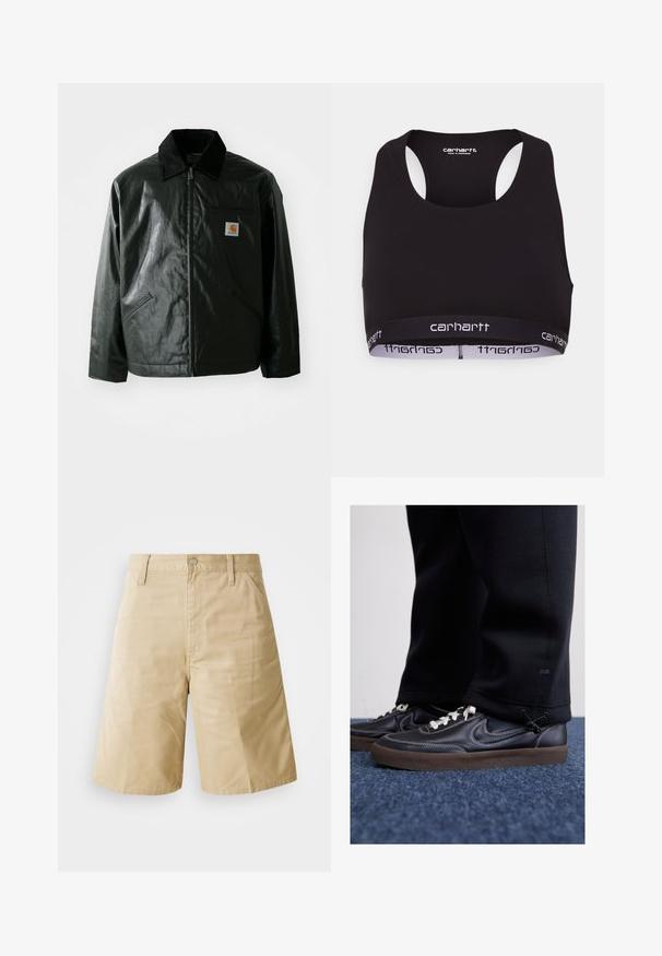 Veste noire zippée en matériau lisse et brillant. Elle dispose d'un col en velours côtelé, de deux poches avant et d'un petit écusson logo sur la poitrine.; Soutien-gorge de sport noir avec un col rond et un dos nageur. Dispose d'une taille renforcée avec une marque "Carhartt" blanche. Texture de tissu douce.; Shorts en coton beige à coupe droite, avec une fermeture à bouton, un zip, et des poches latérales. Texture lisse et détail plissé à l'avant.; Nike Sportswear KILLSHOT 2 LTR PRM OPP2 - Baskets basses - black sail baroque brown mtlc dk grey