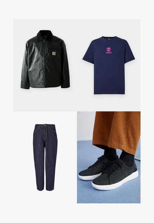 Mustat vetoketjulliset takit, jotka on valmistettu sileästä, kiiltävästä materiaalista. Sisältää kangastakin kauluksen, kaksi etutaskua ja pienen logopatchin rinnassa.; Laivansininen puuvillainen t-paita, jossa on pyöreä kaula-aukko ja lyhyet hihat. Rinnan kohdalla on vaaleanpunainen Timberland-logo, jossa on puumuotoilu.; Tummat farkut suoranlahkeisella muotoilulla, jossa on perinteinen viiden taskun tyyli, hillitty kultaommel ja metallinen napitus.; Musta mokkanahkakengät valkoisilla kumipohjilla, joissa on nauhakiinnitys, teksturoituja yksityiskohtia ja huomaamatonta brändäystä, yhdistettynä ruskeisiin housuihin.