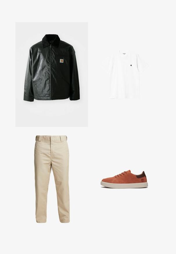 Sort lynlåsejakke lavet af glat, blankt materiale. Har en kordfløjlsfarvet krave, to forlommer og et lille logo-patch på brystet.; Hvid bomulds t-shirt med korte ærmer, rund hals og et lille sort logo på venstre bryst. Blød tekstur og standard pasform.; Beige bomuldsbukser med slim fit, lige ben og bæltesløjfer; glat tekstur og minimalistisk design uden synlige detaljer.; Slanke lav-top sneakers i brændt orange ruskind med brune læderaccenter og kontrasterende hvid gummisål. Rund tå og fem huller til snørebånd.