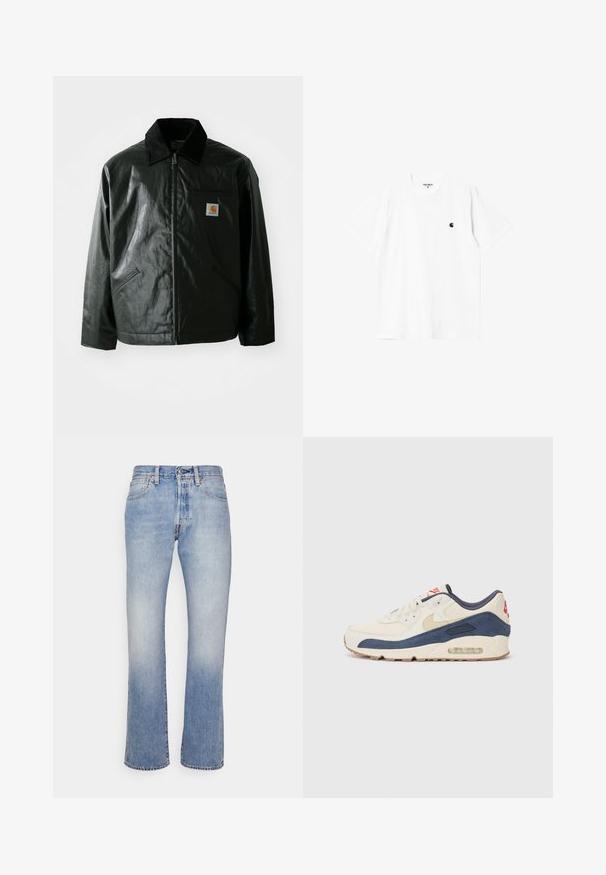Casaco preto com fecho éclair, feito de material liso e brilhante. Apresenta um colarinho de veludo, dois bolsos frontais e um pequeno emblema no peito.; T-shirt de algodão branco com mangas curtas, gola redonda e um pequeno logótipo preto no lado esquerdo do peito. Textura suave e corte padrão.; Jeans de ganga azul claro com corte de perna reta, cinco bolsos, metais e hardware, e desbotamento discreto. A bainha está ligeiramente desfiada.; Tênis com parte superior em couro creme e camurça azul-marinho, apresentando uma sola de ar visível, solado em borracha bege e um detalhe vermelho no calcanhar.