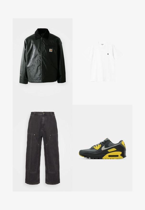 Schwarze Zip-Jacke aus glattem, glänzendem Material. Verfügt über einen Cordkragen, zwei Fronttaschen und ein kleines Logo-Patch auf der Brust.; Weißes Baumwoll-T-Shirt mit kurzen Ärmeln, Rundhalsausschnitt und kleinem schwarzem Logo auf der linken Brust. Weicher Stoff und normale Passform.; Carhartt WIP NASH PANT SMITH - Jeans Relaxed Fit - black stone washed; Graue und gelbe Nike Air Max 90 Sneaker auf einem weißen Hintergrund präsentiert, um ihr Design und die Farbkontraste zu zeigen.