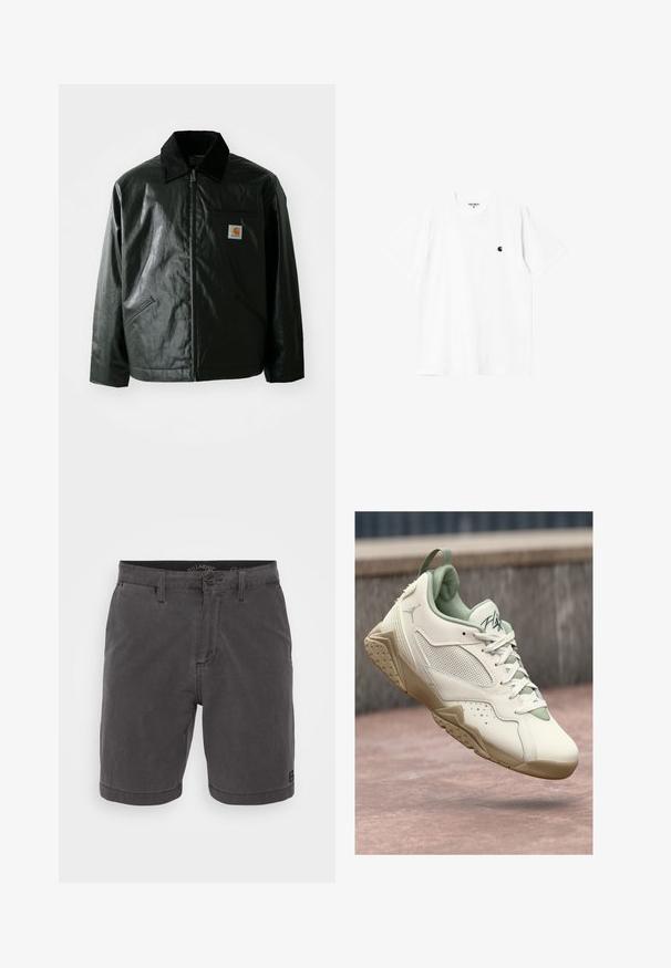 Sort lynlåsejakke lavet af glat, blankt materiale. Har en kordfløjlsfarvet krave, to forlommer og et lille logo-patch på brystet.; Hvid bomulds t-shirt med korte ærmer, rund hals og et lille sort logo på venstre bryst. Blød tekstur og standard pasform.; Grå bomuldsshorts med knaplukning, fire lommer og et vævet mærke på kanten, med lige pasform og glat tekstur.; Hvide og beige Air Jordan sneakers med mesh-paneler, snørebånd og "Flight" tekst på tungen, hængende over en pink betonoverflade.