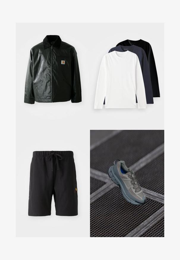 Czarna kurtka zapinana na zamek, wykonana z gładkiego, błyszczącego materiału. Posiada kołnierz z kordurowej tkaniny, dwie przednie kieszenie oraz małą naszywkę z logo na klatce piersiowej.; Trzy koszulki z długim rękawem ułożone jedna na drugiej: jedna biała, jedna ciemnogranatowa i jedna czarna. Wykonane z gładkiej bawełny, posiadają okrągłe dekolty i boczne rozcięcia.; Czarne szorty z elastycznym pasem i sznurkiem do regulacji. Posiadają boczną kieszeń oraz małe logo w czerwono-żółtych kolorach na dolnej lewej stronie.; Beżowe i szare buty sportowe z teksturowaną siateczką, okrągłym noskiem i gumową podeszwą, z sznurówkami i wyściełanym kołnierzem.