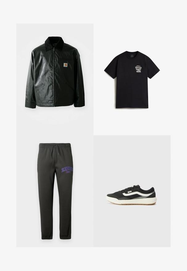 Giacca nera con zip realizzata in materiale liscio e lucido. Presenta un colletto in corduroy, due tasche frontali e una piccola patch con logo sul petto.; Maglietta nera in cotone con un design grafico testuale bianco sul lato sinistro del petto che recita "È un mondo distorto Vans." Stile classico con collo a giro.; Pantaloni jogger neri realizzati in morbido tessuto, con vita elastica e cordoncino, e un logo "Reebok" viola sulla coscia sinistra.; Sneaker neri con accenti bianchi, dotati di una tomaia in sintetico liscio, forma rotonda e suola in gomma, abbinati a pantaloni beige chiaro.