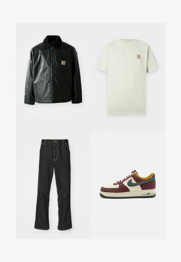 Crna zip-up jakna izrađena od glatkog, sjajnog materijala. Ima okovratnik od kordura, dva prednja džepa i mali logotip na prsima.; Svijetlozelena pamučna majica kratkih rukava, s okruglim izrezom i malim kvadratnim zakrpetom s logom na lijevoj strani prsa. Mekana tekstura.; Crne traperice s opuštenim krojem, s kontrastnim bijelim šavovima, zakovicom za zatvaranje i ravnim nogavicama.; Maroonsko i kremasto kožno tenisice s zelenim suedenim detaljima, okrugli nos, bijele vezice i Air oznaka sa strane i na potplatu.
