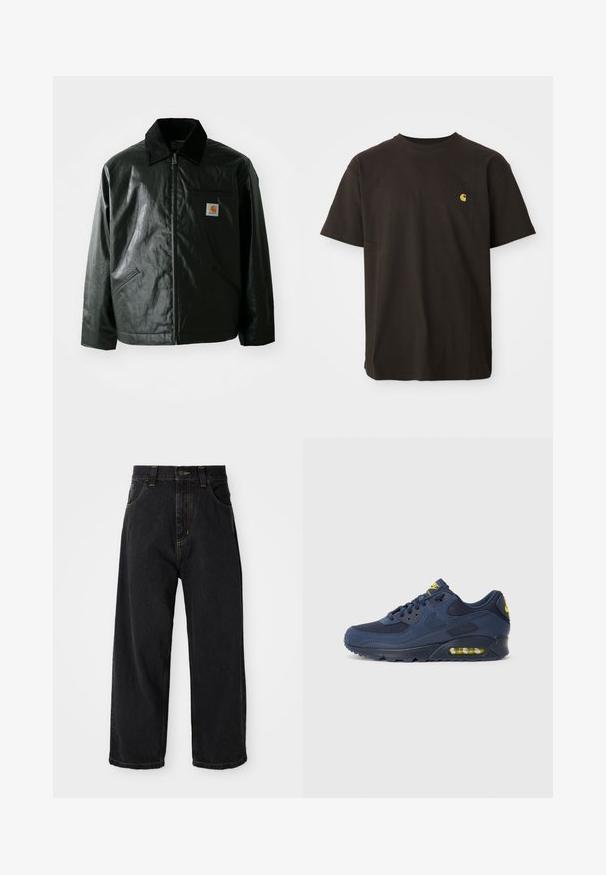 Veste noire zippée en matériau lisse et brillant. Elle dispose d'un col en velours côtelé, de deux poches avant et d'un petit écusson logo sur la poitrine.; T-shirt en coton noir avec un col rond, des manches courtes et un petit logo jaune sur la poitrine. Coupe classique avec une texture lisse.; Jeans en denim noirs à coupe large avec taille haute, bouton avant, fermeture éclair et surpiqûres jaunes sur les poches et les coutures.; Baskets Nike Air Max bleu marine avec une tige en suède et en maille, présentant des accents jaunes, un devant à lacets et un partiellement visible amorti d'air dans la semelle.