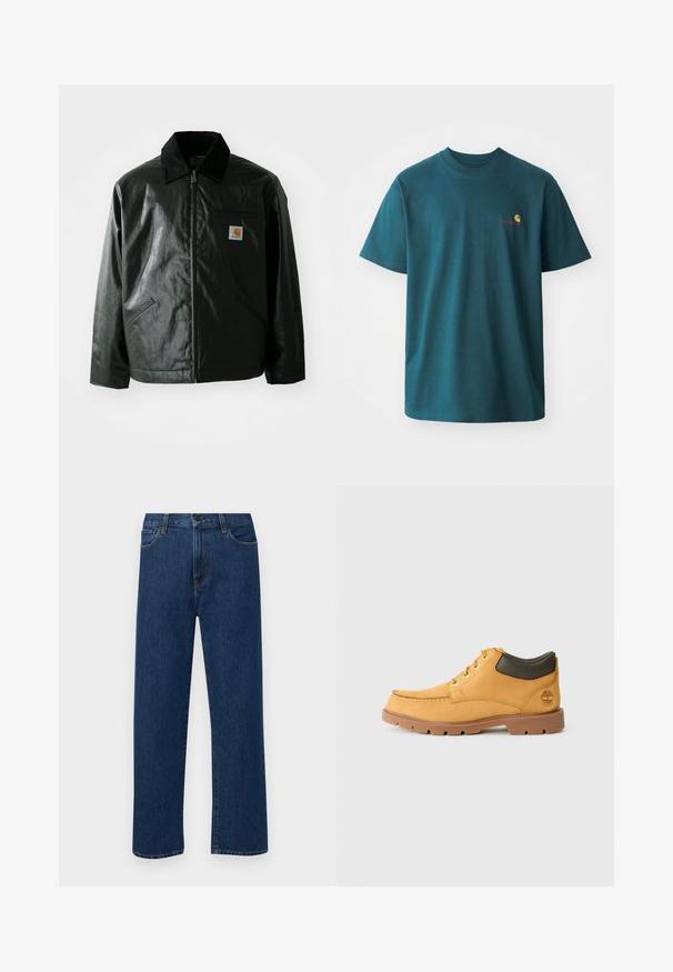 Giacca nera con zip realizzata in materiale liscio e lucido. Presenta un colletto in corduroy, due tasche frontali e una piccola patch con logo sul petto.; T-shirt in cotone teal con maniche corte, collo rotondo e un piccolo logo ricamato in giallo e rosso sul petto sinistro.; Jeans in denim di un blu scuro a gamba dritta con tasche anteriori e chiusura con bottone, esposti su uno sfondo bianco semplice.; Scarpa in pelle gialla con suola in gomma marrone, punta rotonda e dettaglio in pelle verde alla caviglia. Presenta occhielli dorati e dettagli di cucitura.