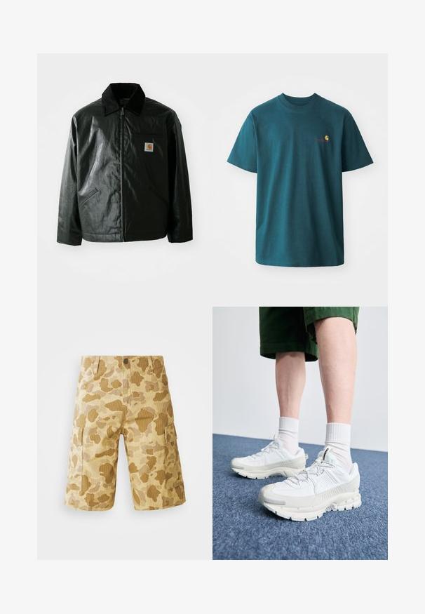 Veste noire zippée en matériau lisse et brillant. Elle dispose d'un col en velours côtelé, de deux poches avant et d'un petit écusson logo sur la poitrine.; T-shirt en coton teal à manches courtes, col rond, avec un petit logo brodé jaune et rouge sur la poitrine gauche.; Shorts cargo beiges avec un motif camouflage dans des nuances de brun, présentant des poches latérales, une taille à boutons et une texture à côtes verticales.; Des chaussures de sport blanches avec des superpositions texturées, une semelle épaisse et des accents gris. Portées avec des chaussettes blanches et des shorts verts sur une surface bleue.