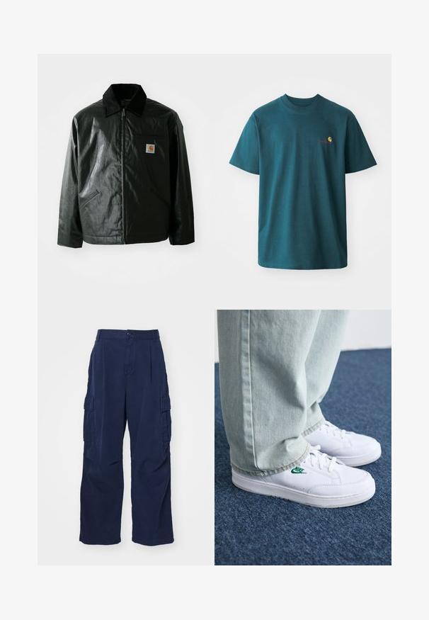 Μαύρο μπουφάν με φερμουάρ, φτιαγμένο από λείο, γυαλιστερό υλικό. Διαθέτει κοτλέ γιακά, δύο μπροστινές τσέπες και μια μικρή ετικέτα λογότυπου στο στήθος.; Τιρκουάζ βαμβακερό μπλουζάκι με κοντά μανίκια, στρογγυλή λαιμόκοψη και ένα μικρό κεντημένο λογότυπο σε κίτρινο και κόκκινο στο αριστερό στήθος.; Ναυτικές cargo παντελόνες από βαμβάκι με χαλαρή εφαρμογή. Διαθέτουν δύο πλαϊνές τσέπες και κουμπί στη μέση. Απαλή υφή και ίσια πόδια.; Λευκά δερμάτινα sneakers με πράσινο λογότυπο Nike, στρογγυλή μύτη, επίπεδη σόλα, συνδυασμένα με ανοιχτό μπλε τζην παντελόνι, τοποθετημένα σε μπλε χαλί.