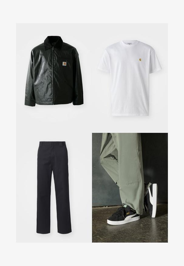 Black zip-up jacket made of smooth, shiny material. Features a corduroy collar, two front pockets, and a small logo patch on the chest.; White cotton t-shirt with short sleeves, crew neck, featuring a small gold logo on the left chest area. Soft texture and regular fit.; Black straight-leg pants made of cotton blend fabric. Features a flat front waistband with belt loops and no visible hardware or embellishments.; Black suede sneakers with white rubber soles and side stripes, paired with light green cargo pants, standing on a textured dark surface.