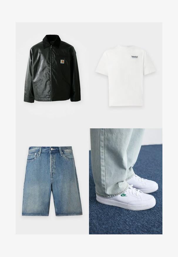 Black zip-up jacket made of smooth, shiny material. Features a corduroy collar, two front pockets, and a small logo patch on the chest.; White cotton t-shirt featuring a blue embroidered "Timberland Rugged Active Gear" logo on the upper left chest. Short sleeves and round neck.; Denim shorts in light blue, featuring a classic five-pocket design, button closure, straight cut, and a slightly faded finish.; White leather sneakers with green Nike logo, round toe, flat sole, paired with light blue denim pants, shown on a blue carpet.