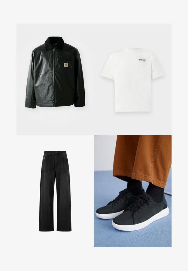 Juodas užtrauktuku užsegamas švarkas, pagamintas iš glotnaus, blizgaus medžiagos. Savybė - keteros apykaklė, dvi priekinės kišenės ir mažas logotipo ženklelis ant krūtinės.; Balta medvilnė marškinėliai su mėlynu siuvinėtu "Timberland Rugged Active Gear" logotipu kairiajame krūtinės viršuje. Trumpi rankovės ir apvalus kaklas.; Plačios juodos džinsinės kelnės su aukštu liemeniu, turinčios keturias kišenes ir mažą logotipo etiketę priekyje. Slidus paviršius, paprastas dizainas.; Juodi zomšiniai sneakeriai su baltais guminiais padais, su raištelių uždėjimo dizainu, tekstūruotais akcentais ir subtiliu prekių ženklu, derinami su rudomis kelnėmis.