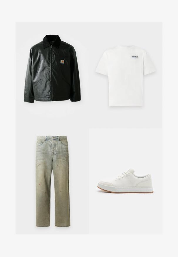 Melnā zip-up jaka, izgatavota no gludas, spīdīgas materiāla. Ir korduroja apkakle, divas priekšējās kabatas un neliela logo placdarma uz krūtīm.; Balta kokvilnas T-kreklā ar zilu izšūtu "Timberland Rugged Active Gear" logo augšējā kreisajā krūtī. Īsie piedurknes un aplis kakla izgriezums.; Izsistās džinsās gaisā zaļā krāsā, ar taisnu kāju, piecu kabatu dizainu un nevienmērīgu izbalēšanu, kā arī krāsas šļakatas.; Baltas sporta apavi ar sietiņu augšu, noapaļotu pirkstu daļu un gumijas zoli ar teksturētu rakstu. Iekļautas plakanas šņorītes un diskreta logo uz papēža.