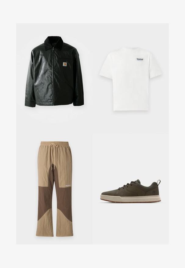 Mustat vetoketjulliset takit, jotka on valmistettu sileästä, kiiltävästä materiaalista. Sisältää kangastakin kauluksen, kaksi etutaskua ja pienen logopatchin rinnassa.; Valkoinen puuvillapaita, jossa on sininen brodeerattu "Timberland Rugged Active Gear" -logo vasemmassa ylärinnassa. Lyhyet hihat ja pyöreä kaula-aukko.; Harmaan ja vaaleanruskeat väri-blokitut housut, joissa on joustava vyötärö, nyöri ja tekstitunnus. Valmistettu teksturoidusta kankaasta, joissa on rento istuvuus.; Tummanvihreät tennarit, joissa on sileät yläosat, vaaleanbeige välipohja ja kumipohja. Ominaisuuksiin kuuluvat pyöreä kärki ja vähäinen brändäys kantapäässä.