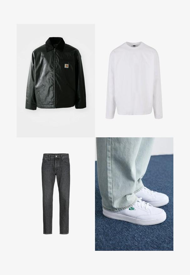 Fekete zipzáros dzseki sima, fényes anyagból. Kordbársony gallérral, két elülső zsebbel és egy kis logós felvarrással a mellkason.; Hosszú ujjú fehér pamut póló kerek nyakkivágással, laza szabással, látható minták vagy díszítések nélkül. Sima textúra.; Fekete farmernadrág egyenes szabással, öt zsebbel, elülső gombos és cipzáros záródással, valamint diszkrét varrási részletekkel.; Fehér bőr sportcipők zöld Nike logóval, kerek orral, lapos talppal, világoskék farmernadrággal párosítva, kék szőnyegen bemutatva.