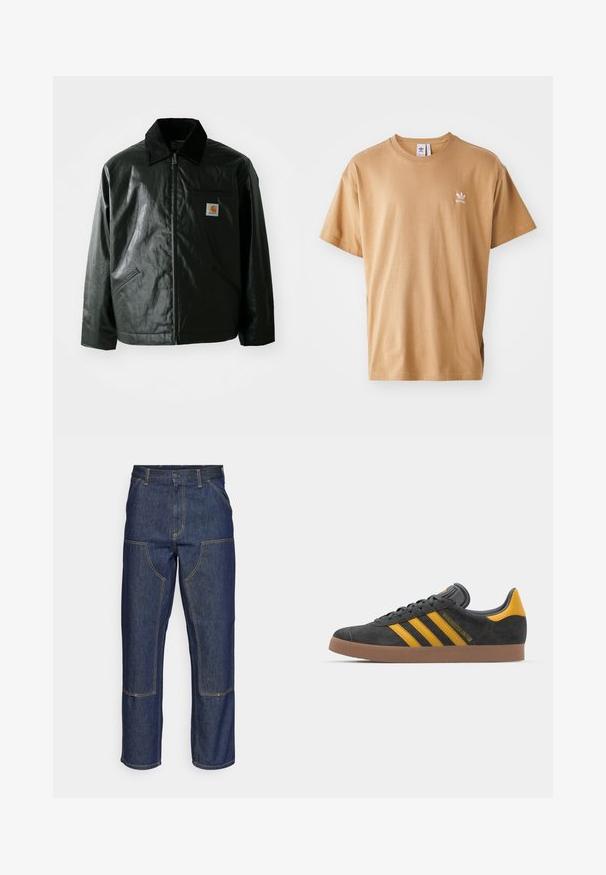 Svart zip-up jakke laget av jevnt, blankt materiale. Har en kordfløyelskrage, to frontlommer og en liten logo-lapp på brystet.; Brun bomull t-skjorte med rund hals og kort erme. Har en liten hvit Adidas-logo på venstre bryst. Myk tekstur, avslappet passform.; Mørkeblå denimjeans med høy midje, rette ben, kontrasterende sømmer og lommer på forsiden.; Sort skinnesko i svart semsket skinn med gule detaljer, med tre striper og en brun gummisåle. Inkluderer en polstret tunge for komfort.