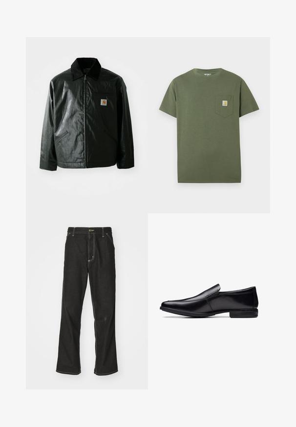 Črna jakna na zadrgo, izdelana iz gladkega, sijočega materiala. Ima žametni ovratnik, dva sprednja žepa in majhno oznako logotipa na prsih.; Olivnozeleni bombažni t-shirt z zaobljenim ovratnikom, kratkimi rokavi in prednjo žepno nalepko z logotipom. Čist, minimalističen dizajn.; Črne jeans hlače ohlapenega kroja, ki imajo kontrastno belo šivanje, zapiranje na gumb in ravno nogavico.; Črne usnjene natikače s koničastim prstom, poliranim zaključkom, subtilnimi šivi in nizkim profilom gumijastega podplata.