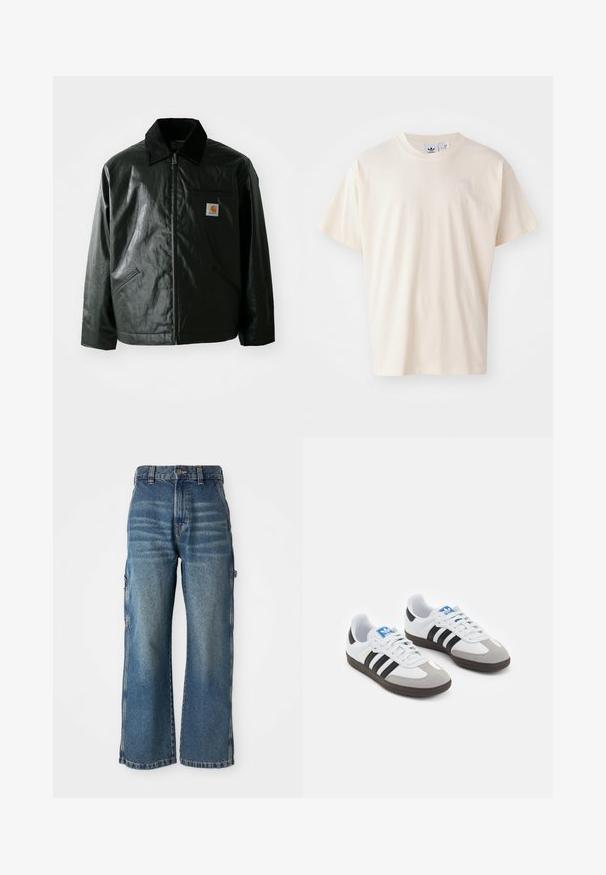 Fekete zipzáros dzseki sima, fényes anyagból. Kordbársony gallérral, két elülső zsebbel és egy kis logós felvarrással a mellkason.; Krém színű pamut póló kerek nyakkal és rövid ujjakkal; a mellrészen egy kis, világos színű logó található.; Világoskék farmer széles szárú nadrág enyhén koptatott hatással, magas derékkal, övhurkokkal és oldalsó zsebekkel. Látható varrási részletek.; Fehér bőr felsőrészes sportcipő, szürke velúrból készült orral és három fekete csíkkal. Jellemzője a kék logó a nyelvén és egy texturált gumitalp.