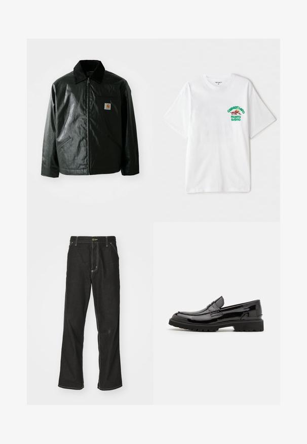 Must mustaga, läikiva materjaliga musta värvi jakk. Omab kordonilõikega kraed, kahte esikäe taskut ja väikest logo sildi rinnal.; Valge puuvillane T-särk, mille vasakus rinnakus on roheline ja punane graafiline tekst, mis ütleb "cashart Who Pronto Subito." Lühikesed varrukad.; Mustadest denimist püksid, lahtise lõikega, kontrastsete valgete õmblustega, nööbiga kinnitamine ja sirge säär.; Mustad lakknahk kingad koos paksu taldiga, ees on dekoratiivne riba ja need on kergesti jalga libistatavad. Sile, läikiv tekstuur.