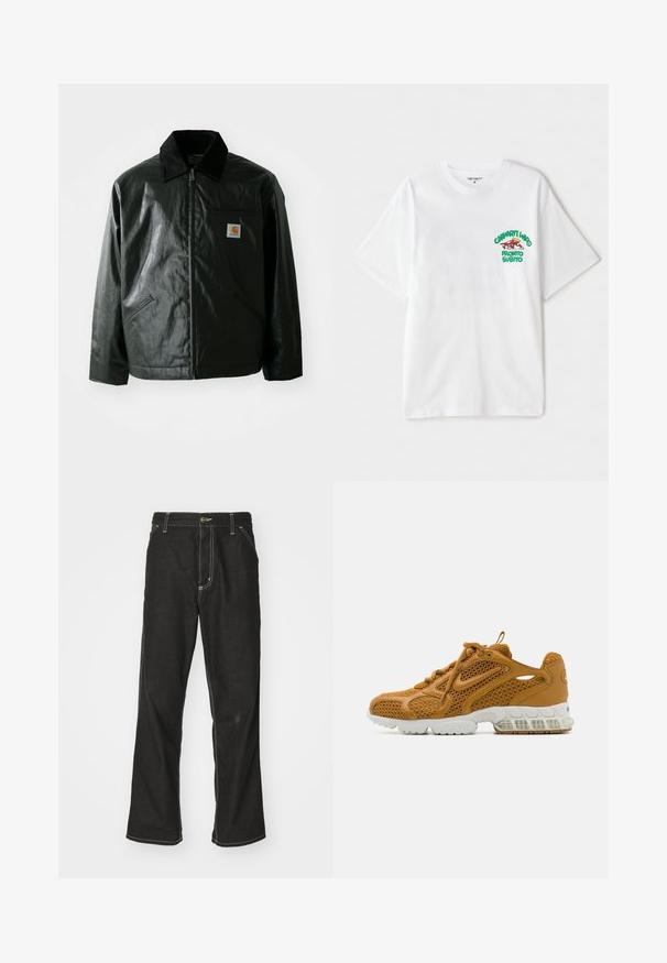 Crna zip-up jakna izrađena od glatkog, sjajnog materijala. Ima okovratnik od kordura, dva prednja džepa i mali logotip na prsima.; Bijela pamučna majica s grafičkim natpisom u zelenoj i crvenoj boji na lijevoj strani prsiju koji glasi "cashart Who Pronto Subito." Kratki rukavi.; Crne traperice s opuštenim krojem, s kontrastnim bijelim šavovima, zakovicom za zatvaranje i ravnim nogavicama.; Smešane smeđe mrežaste i kožne tenisice s bijelim potplatom. Imaju teksturiranu gornju površinu, višestruke ventilacijske otvore i umešeni jastučić za petu.