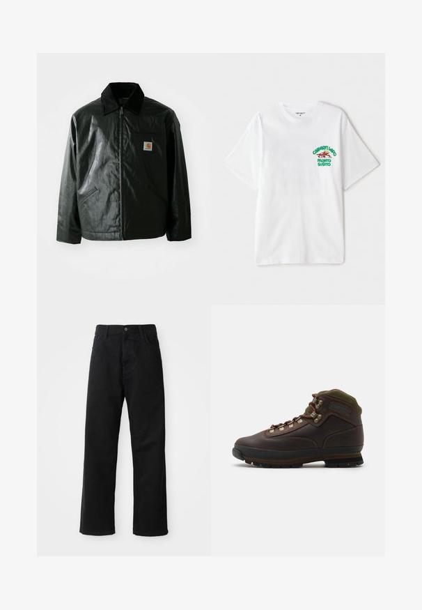 Casaco preto com fecho éclair, feito de material liso e brilhante. Apresenta um colarinho de veludo, dois bolsos frontais e um pequeno emblema no peito.; T-shirt de algodão branca com um texto gráfico em verde e vermelho no lado esquerdo do peito que diz "cashart Who Pronto Subito." Mangas curtas.; Calças de ganga pretas com corte direito, apresentando bolsos frontais, fecho de zip e um único botão na parte superior. Tecido texturizado com um acabamento mate.; Bota de caminhada em couro castanho com colarinho de tecido verde. Possui ganchos de metal para os cordões, sola de borracha e um padrão texturizado para tração.