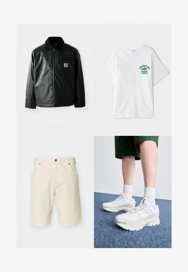 Chaqueta negra con cremallera hecha de un material liso y brillante. Presenta un cuello de pana, dos bolsillos frontales y un pequeño parche con el logo en el pecho.; Camiseta de algodón blanca con un gráfico de texto en verde y rojo en el pecho izquierdo que dice "cashart Who Pronto Subito." Mangas cortas.; Pantalones cortos de algodón beige con corte recto, con cremallera, bolsillos frontales y dobladillo cosido. Textura suave y diseño minimalista.; Zapatillas deportivas blancas con superposiciones texturizadas, una suela gruesa y acentos grises. Llevadas con calcetines blancos hasta la pantorrilla y pantalones cortos verdes sobre una superficie azul.