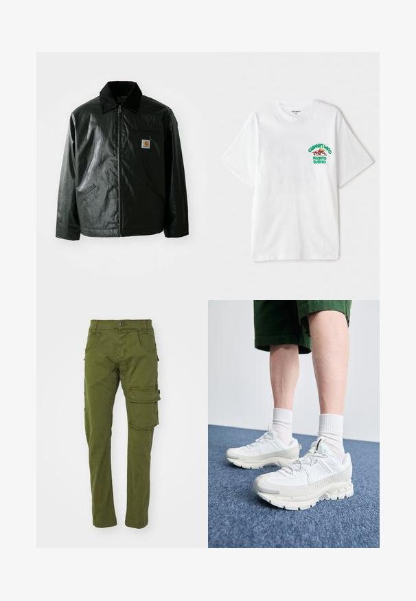 Fekete zipzáros dzseki sima, fényes anyagból. Kordbársony gallérral, két elülső zsebbel és egy kis logós felvarrással a mellkason.; Fehér pamut póló, bal mellrészen zöld és piros grafikus felirattal, melyen az áll: "cashart Who Pronto Subito." Rövid ujjú.; Olíva zöld vászon munkanadrág, két oldalsó zsebbel és egy nagy cargo zsebbel a jobb lábon, egyenes szabású dizájnnal.; Fehér sportcipők texturált burkolattal, vastag talppal és szürke részletekkel. Fehér sportzoknival és zöld rövidnadrággal viselve, kék felületen.