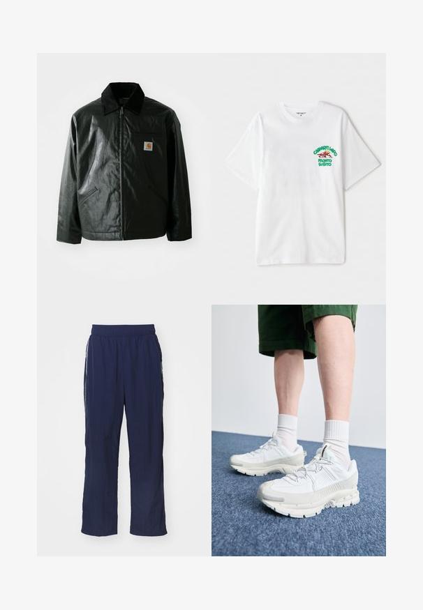 Zwarte ritssluiting jas van glad, glanzend materiaal. Heeft een corduroy kraag, twee voorzakken en een klein logo label op de borst.; Witte katoenen t-shirt met een groen en rood grafisch tekst op de linkerborst met de tekst "cashart Who Pronto Subito." Korte mouwen.; Navyblauwe lichtgewicht broek met een elastische tailleband, relaxte pasvorm, zijzakken en contrasterende witte strepen aan de zijkanten.; Witte sportieve schoenen met textuuroverlays, een dikke zool en grijze accenten. Draag ze met witte crew-sokken en groene shorts op een blauwe ondergrond.