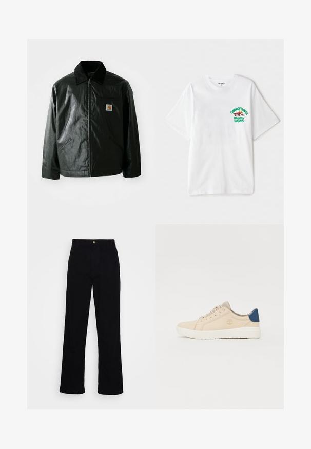 Chaqueta negra con cremallera hecha de un material liso y brillante. Presenta un cuello de pana, dos bolsillos frontales y un pequeño parche con el logo en el pecho.; Camiseta de algodón blanca con un gráfico de texto en verde y rojo en el pecho izquierdo que dice "cashart Who Pronto Subito." Mangas cortas.; Pantalones de mezclilla negros de talle alto y corte recto, con una textura suave, que presentan un cierre frontal con botón y un diseño de cinco bolsillos.; Zapatillas beige de ante, con una suela blanca, cordones beige y un acento azul en el talón. Logotipo grabado en el lateral.