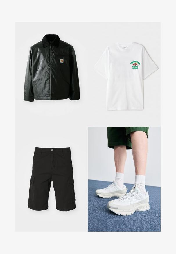 Must mustaga, läikiva materjaliga musta värvi jakk. Omab kordonilõikega kraed, kahte esikäe taskut ja väikest logo sildi rinnal.; Valge puuvillane T-särk, mille vasakus rinnakus on roheline ja punane graafiline tekst, mis ütleb "cashart Who Pronto Subito." Lühikesed varrukad.; Mustad mustad lühikesed püksid, mis on valmistatud vastupidavast kangast, küljetaskute, nööbi sulgemise ja volditud servade detailidega. Sirge lõikega disain.; Valged sportsijalatsid tekstuursete pealsete, kopsaka tallaga ja hallide aktsentidega. Kanda valgete lühikeste sokkidega ja roheliste lühikeste pükstega sinisel pinnal.