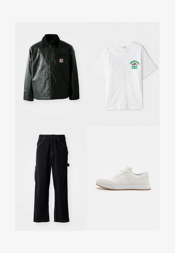 Svart zip-up jakke laget av jevnt, blankt materiale. Har en kordfløyelskrage, to frontlommer og en liten logo-lapp på brystet.; Hvit bomull t-skjorte med grønn og rød grafikk tekst på venstre bryst som leser "cashart Who Pronto Subito." Korte ermer.; Sorte cargo bukser med en afslappet pasform, der har snor i taljen, sidelommer og kontrasterende hvide syninger.; Hvite joggesko med mesh-overdel, rund tå og gummisåle med teksturert mønster. Har flate snørebånd og subtil merking på hælen.