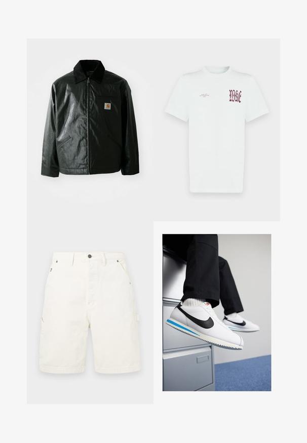 Crna zip-up jakna izrađena od glatkog, sjajnog materijala. Ima okovratnik od kordura, dva prednja džepa i mali logotip na prsima.; Bijela pamučna majica kratkih rukava s crvenim natpisom "NIKE" i grafikom na lijevoj strani prsa. Dizajn s okruglim izrezom i glatkom teksturom.; Bijele pamučne cargo kratke hlače ravnog kroja, s prednjim i bočnim džepovima, metalnim kopčanjem i petljama za remen. Glatka tekstura.; Bijele kožne tenisice s crnim Nike logotipom, svijetloplavi i sivi gumeni potplat te klasičan dizajn vezanja. Noge su naslonjene na ormar.