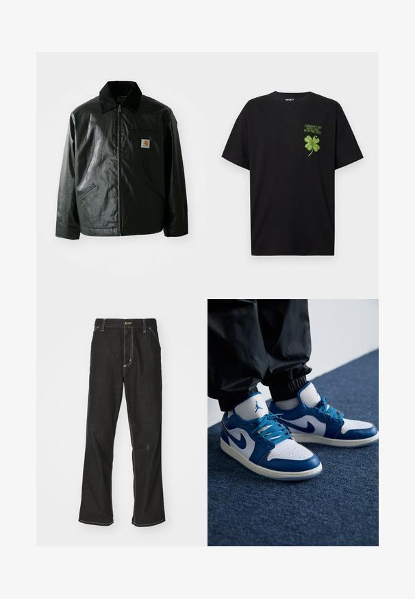 Black zip-up jacket made of smooth, shiny material. Features a corduroy collar, two front pockets, and a small logo patch on the chest.; Black cotton t-shirt featuring a green four-leaf clover graphic with the text "GOOD LUCK WITH THE REST" on the left chest area.; Black denim jeans with a loose fit, featuring contrasting white stitching, a button closure, and a straight leg design.; Nike Air Jordan sneakers feature a white leather base with blue synthetic accents, a perforated toe box, and blue laces.