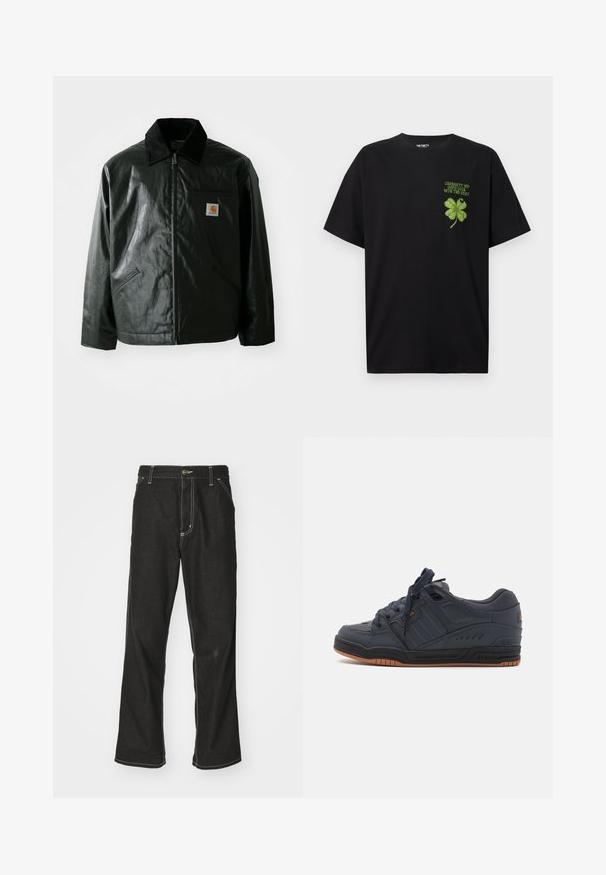 Sort lynlåsejakke lavet af glat, blankt materiale. Har en kordfløjlsfarvet krave, to forlommer og et lille logo-patch på brystet.; Sort bomulds t-shirt med et grønt firekløver grafik og teksten "GOOD LUCK WITH THE REST" på venstre brystområde.; Sorte denimjeans med løs pasform, der har kontrasterende hvid syning, en knaplukning og et lige ben-design.; Globe FUSION - Skatesko - phantom/burnt orange