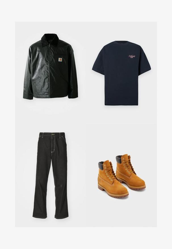 Sort lynlåsejakke lavet af glat, blankt materiale. Har en kordfløjlsfarvet krave, to forlommer og et lille logo-patch på brystet.; Marineblå bomulds t-shirt med korte ærmer, som har et lille pink broderet logo på venstre bryst og en klassisk rund hals.; Sorte denimjeans med løs pasform, der har kontrasterende hvid syning, en knaplukning og et lige ben-design.; Læderarbejds støvler i tan med sort polstret krave, guld øskner og brune gummisåler. Har kontrasterende syninger og et logo på siden.