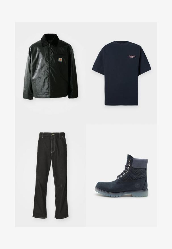 Must mustaga, läikiva materjaliga musta värvi jakk. Omab kordonilõikega kraed, kahte esikäe taskut ja väikest logo sildi rinnal.; Tumedat sinine puuvillane T-särk lühikeste varrukatega, millel on vasakul rinna piirkonnas väike roosa tikandiga logo ja klassikaline ümar kaelus.; Mustadest denimist püksid, lahtise lõikega, kontrastsete valgete õmblustega, nööbiga kinnitamine ja sirge säär.; Timberland Nööritavad poolsaapad - navy