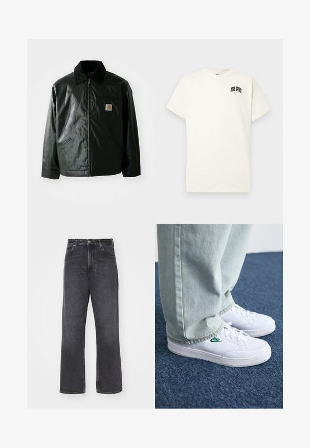 Black zip-up jacket made of smooth, shiny material. Features a corduroy collar, two front pockets, and a small logo patch on the chest.; Cream-colored cotton t-shirt with short sleeves, featuring "NIKE SB" in black and red text on the chest. Standard round neckline.; High-waisted black denim jeans with a straight, wide leg. Features five pockets, a button and zipper closure, and subtle fading on the fabric.; White leather sneakers with green Nike logo, round toe, flat sole, paired with light blue denim pants, shown on a blue carpet.