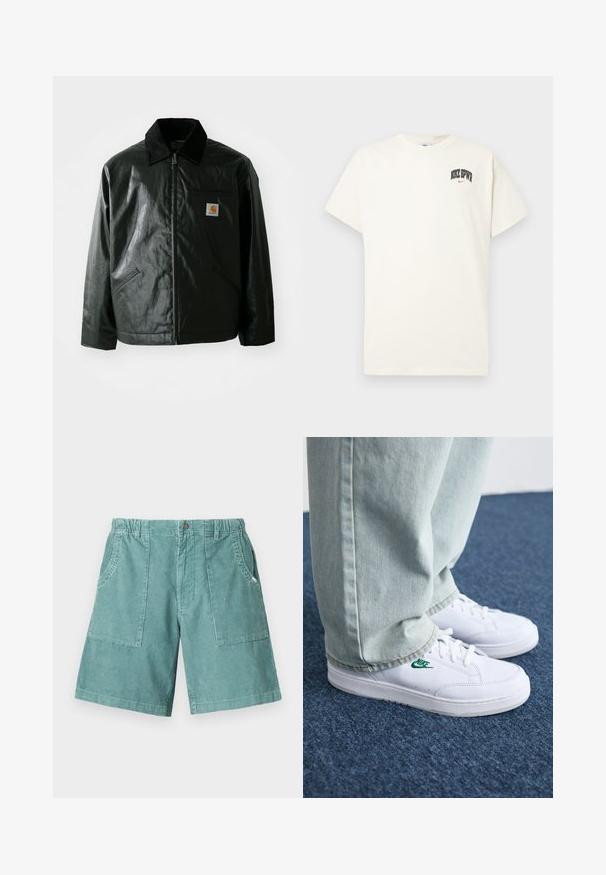 Zwarte ritssluiting jas van glad, glanzend materiaal. Heeft een corduroy kraag, twee voorzakken en een klein logo label op de borst.; Crème-kleurige katoenen T-shirt met korte mouwen, voorzien van "NIKE SB" in zwarte en rode tekst op de borst. Standaard ronde halslijn.; Katoenen corduroy shorts in lichtteal, met een elastische tailleband, twee zijzakken en een knielange snit. Gelaagde verticale strepen.; Witte leren sneakers met groen Nike-logo, ronde neus, platte zool, gedragen met lichtblauwe denim broek, weergegeven op een blauwe vloerkleed.
