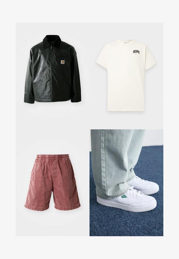 Jachetă neagră cu fermoar, confecționată dintr-un material neted și lucios. Prezintă un guler din catifea, două buzunare frontale și un mic logo brodat pe piept.; T-shirt din bumbac de culoare crem, cu mâneci scurte, având inscripția "NIKE SB" în text negru și roșu pe piept. Guler standard, de formă rotundă.; Pantaloni scurți din bumbac de culoare ruginită, cu un talie elastică, având o suprafață texturată și buzunare laterale, care se termină chiar deasupra genunchiului.; Adidași din piele albă cu logo-ul Nike verde, vârf rotund, talpă plată, asortați cu pantaloni din denim bleu deschis, prezentați pe un covor albastru.