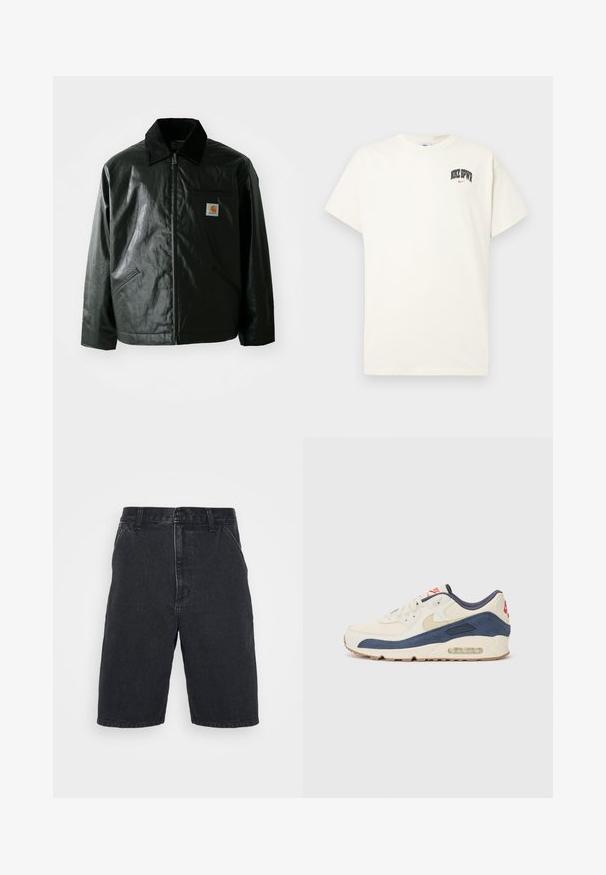 Casaco preto com fecho éclair, feito de material liso e brilhante. Apresenta um colarinho de veludo, dois bolsos frontais e um pequeno emblema no peito.; T-shirt de algodão na cor creme com mangas curtas, apresentando "NIKE SB" em texto preto e vermelho no peito. Gola redonda padrão.; Calções de ganga pretos com corte reto, apresentando um fecho de botão e dois bolsos laterais. Bainha desfeita com detalhes de desbotamento subtis.; Tênis com parte superior em couro creme e camurça azul-marinho, apresentando uma sola de ar visível, solado em borracha bege e um detalhe vermelho no calcanhar.