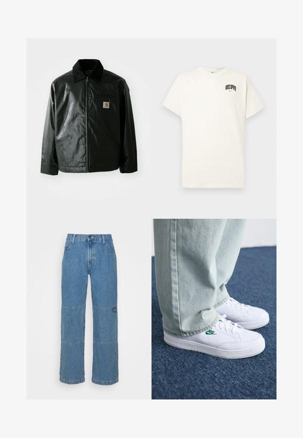 Must mustaga, läikiva materjaliga musta värvi jakk. Omab kordonilõikega kraed, kahte esikäe taskut ja väikest logo sildi rinnal.; Kreemivalge puuvillane t-särk lühikeste varrukatega, millel on rinnal musta ja punase tekstiga "NIKE SB". Tavaline ümmargune kaelus.; Heledsinine teksapüksid, millel on mugav lõige, omaduseks on lapitööd, ülemine nupuvajutus, viis taskut ja peen bränding säärel.; Valged nahast tennisetossud rohelise Nike logo ja ümarate varvastega, lamedate taldadega, koos helesiniste teksapükstega, esitatud sinisel vaibal.