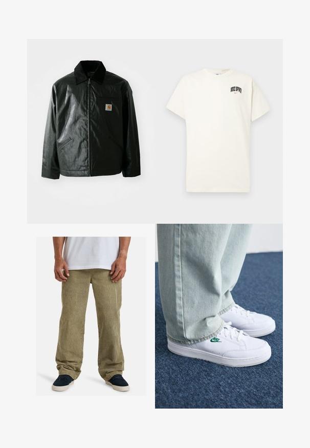 Black zip-up jacket made of smooth, shiny material. Features a corduroy collar, two front pockets, and a small logo patch on the chest.; Cream-colored cotton t-shirt with short sleeves, featuring "NIKE SB" in black and red text on the chest. Standard round neckline.; Olive green corduroy pants with a relaxed fit, featuring straight legs, side pockets, and visible texture from ridged fabric.; White leather sneakers with green Nike logo, round toe, flat sole, paired with light blue denim pants, shown on a blue carpet.