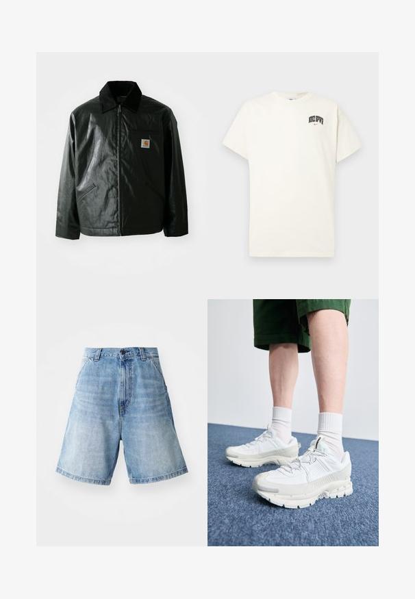 Fekete zipzáros dzseki sima, fényes anyagból. Kordbársony gallérral, két elülső zsebbel és egy kis logós felvarrással a mellkason.; Krém színű pamut póló rövid ujjakkal, fekete és piros "NIKE SB" felirattal a mellkasán. Standard kerek nyakkivágással.; Világoskék farmer rövidnadrág, laza szabással, magas derekú, öt zsebbel és jól látható varrási részletekkel.; Fehér sportcipők texturált burkolattal, vastag talppal és szürke részletekkel. Fehér sportzoknival és zöld rövidnadrággal viselve, kék felületen.