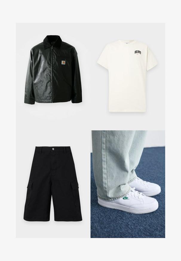 Chaqueta negra con cremallera hecha de un material liso y brillante. Presenta un cuello de pana, dos bolsillos frontales y un pequeño parche con el logo en el pecho.; Camiseta de algodón color crema con mangas cortas, que presenta "NIKE SB" en texto negro y rojo en el pecho. Cuello redondo estándar.; Pantalones cortos cargo negros hechos de un tejido duradero. Presentan dos bolsillos laterales, una cremallera y una cinturilla simple con un botón de metal.; Zapatillas de cuero blanco con logo de Nike verde, puntera redonda, suela plana, combinadas con pantalones de mezclilla azul claro, sobre una alfombra azul.